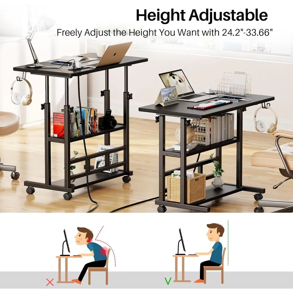 مكتب قائم مريح قابل للتعديل مع منافذ طاقة، مكتب كمبيوتر محمول مدمج مع مساحة تخزين، محطة عمل محمولة 31.5 (أسود)