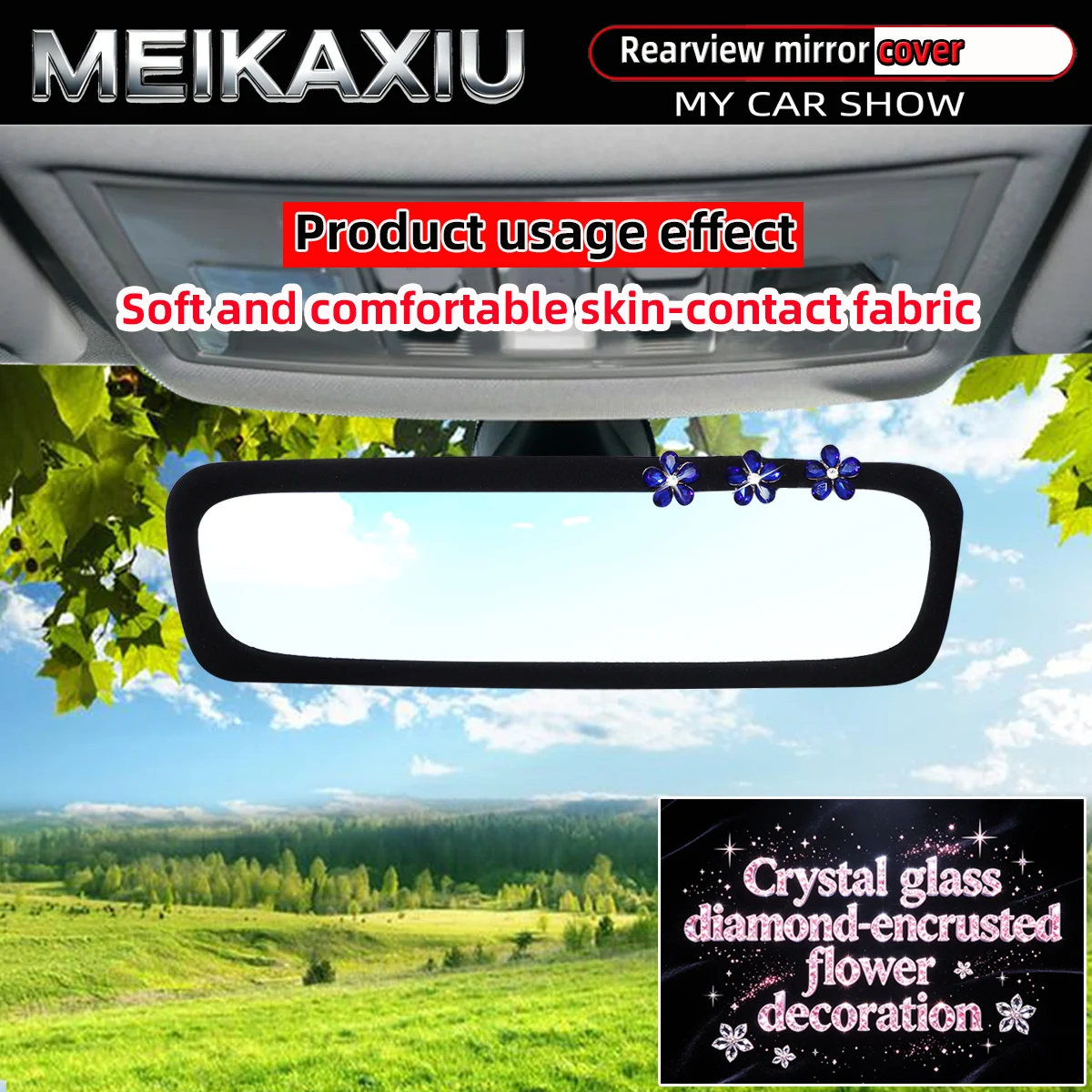 Ladies Skin-friendly Crystal-Dazzled Flower Car Rearview Mirror Cover Automotive Interior Decoration Fabric