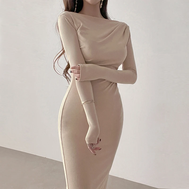 Elegantes, bequemes Midikleid für Damen, koreanischer Frühling/Sommer, neu, lange Ärmel, schulterfrei, Schlitzausschnitt, Schlitzkleid