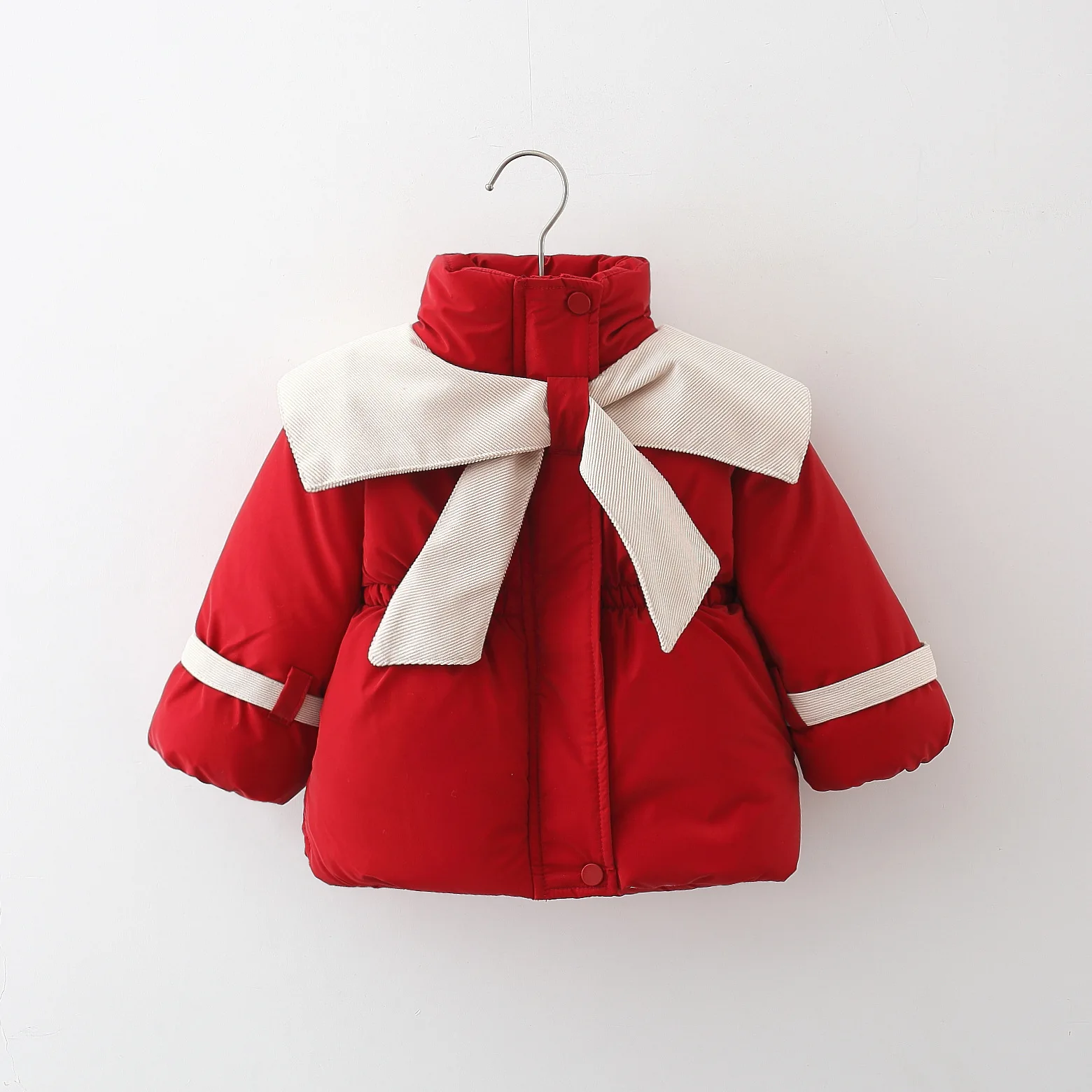 Winter 2024 new bow-neck cotton-padded kids coat for girls stand-up collar cute tops