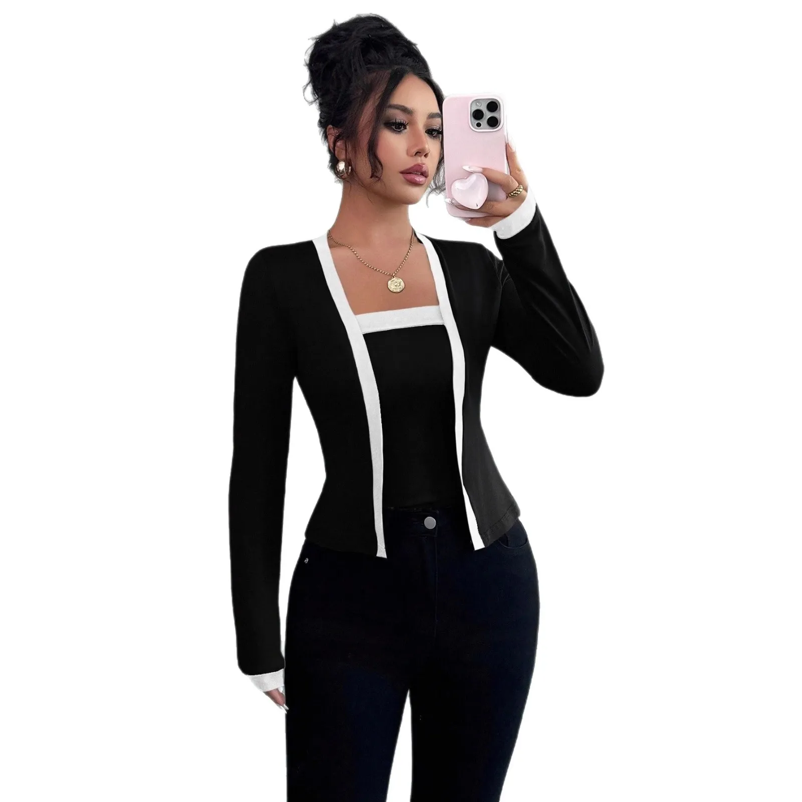 2026 Spring New Women's Knitted Patchwork Elegant Cardigan Jacket and Vest Two-piece Top Cw23958