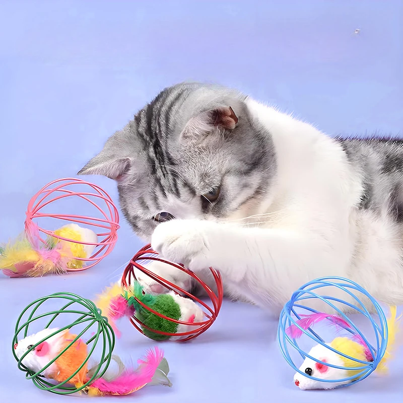 5pcs Cat Toy Colorful Mouse in Cage Kitten Toy Interactive Chase Cat Mouse Toy Cage Mouse Tumbler Ball Fun Cat Stick