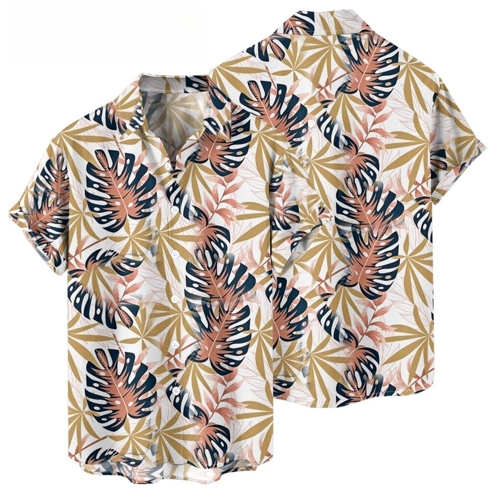 

​Tropical Leaf Print Casual Men's Palm Shirts Summer Hawaiian Island Shirt Harajuku Streetwear Beach Button Down Casual Tops