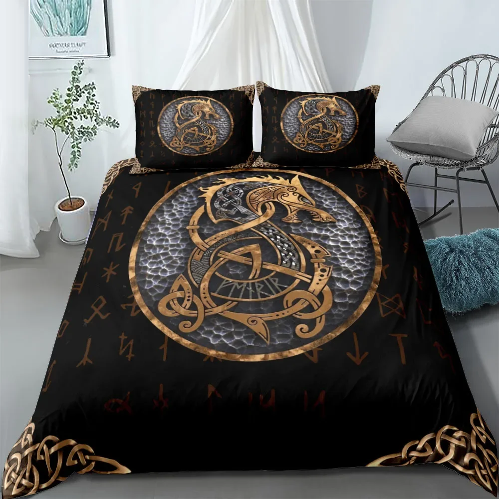 Juego de funda nórdica celta vikinga, juego de cama de cultura escandinava Yggdrasil Fenrir, funda de edredón de religión de mitología antigua King Full