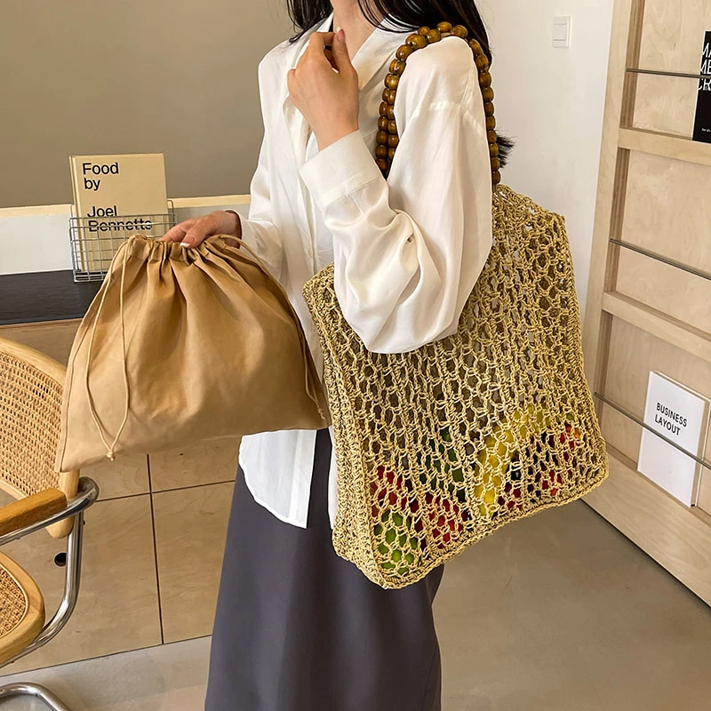 Khaki Hollow Straw Bag For Women 2024 Fashion Woven Handbag Eco Friendly Summer Shopping Bag Female Large Travel Beach Bag Tote