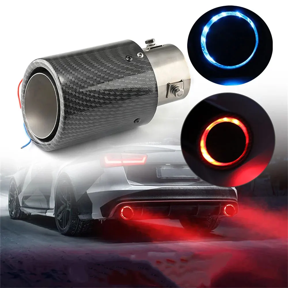 63 65mm Car Auto Exhaust Muffler Pipe Tip with RED Blue LED Light Red Blue Light Tool Auto Accessories Inlet Carbon Fiber Color