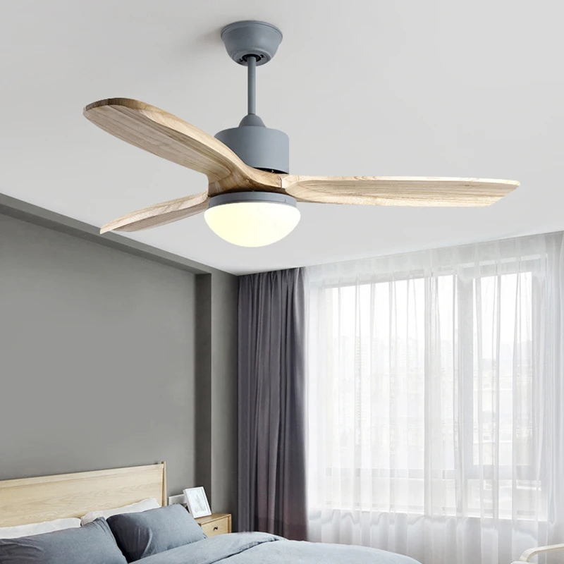 Nordic LED Ceiling Fan Light Changeable Wood White Gray Metal Remote Control 42/48/52 Inch For Foyer Dining Room Bedroom