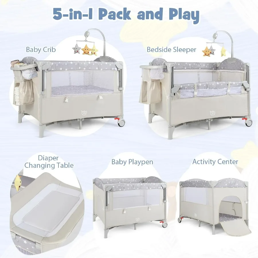 حزمة وتشغيل 5 في 1، نائمة محمولة بجانب السرير للأطفال مع سرير، مبدل حفاضات على شكل حرف U، حزام أمان، مدخل بسحاب جانبي،