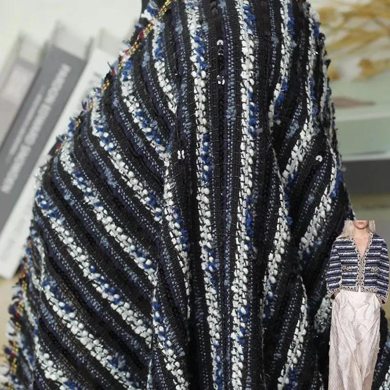 

Плетеная твидовая ткань в темно-синюю и белую полоску с блестками, окрашенная в пряжу для женщин, осенняя куртка, платье, пальто, ткань «сделай сам», швейный материал