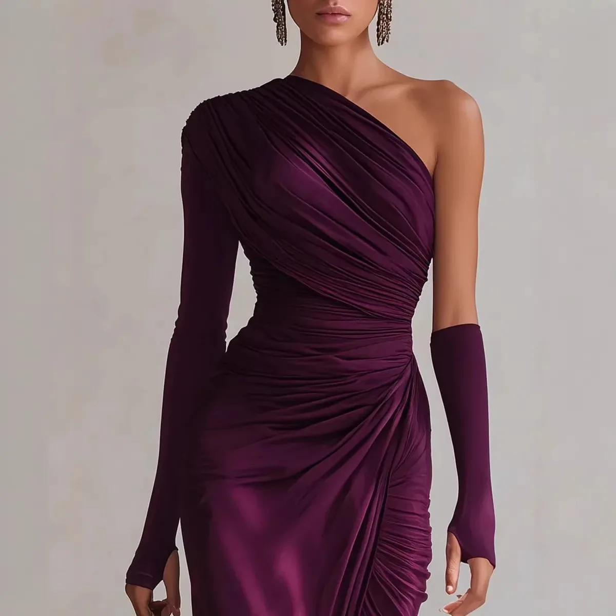 Bodycon Pleated Dress Slim Fit Streetwear with Long Sleeve High Waist Fitted Waist Half Open Neck Maxi Length Casual for Women
