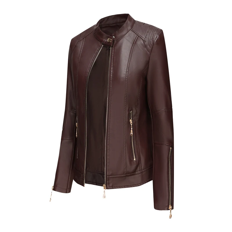 Spring Autumn Ladies Casual Leather Jacket Outdoor Windproof PU Stand Collar Tops Fashion Slim Motorcycle Wear Women's Clothing