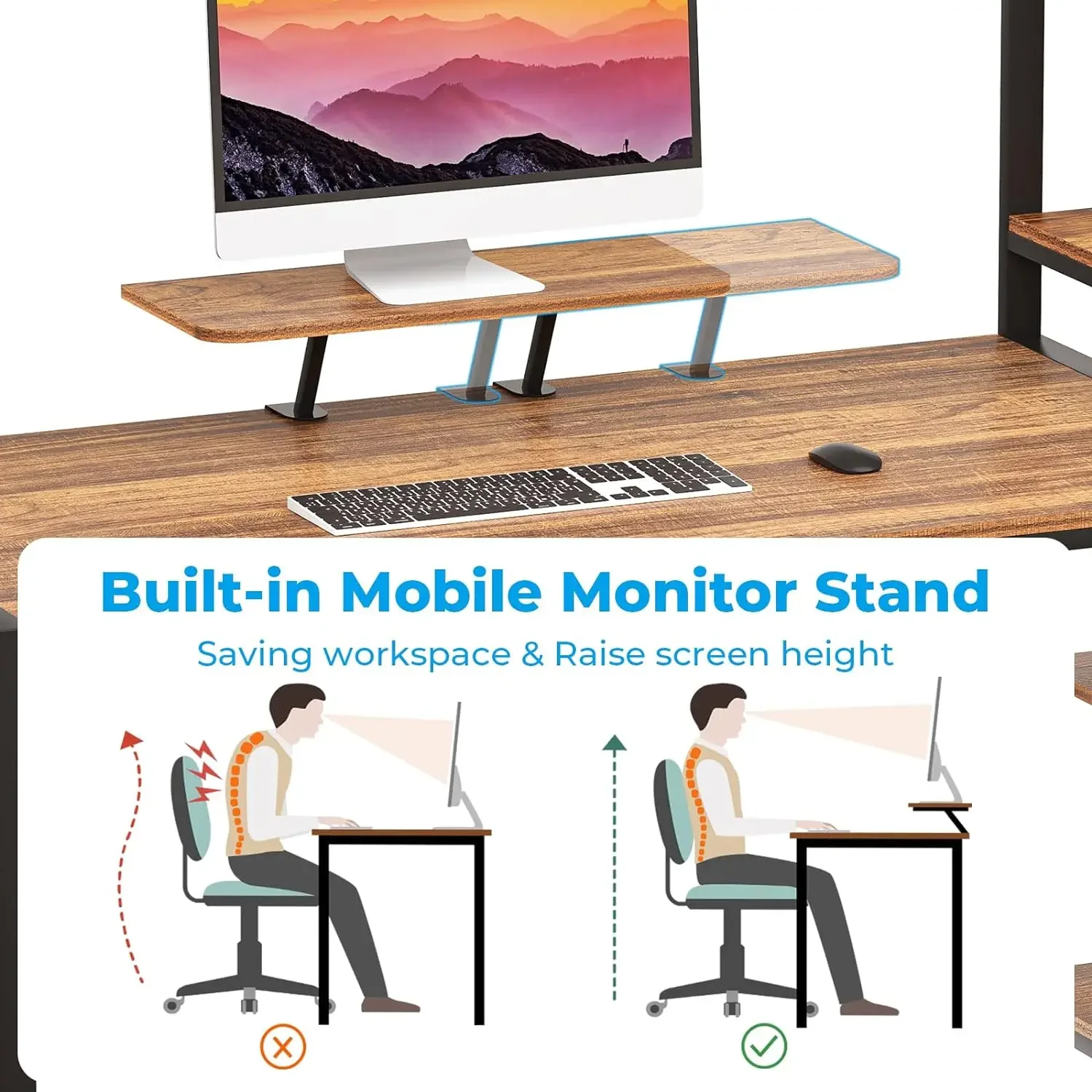 GreenForest Escritorio para computadora de 58 pulgadas con estante de almacenamiento para impresora Escritorio reversible para oficina en casa con soporte para monitor móvil y 2 cabezales