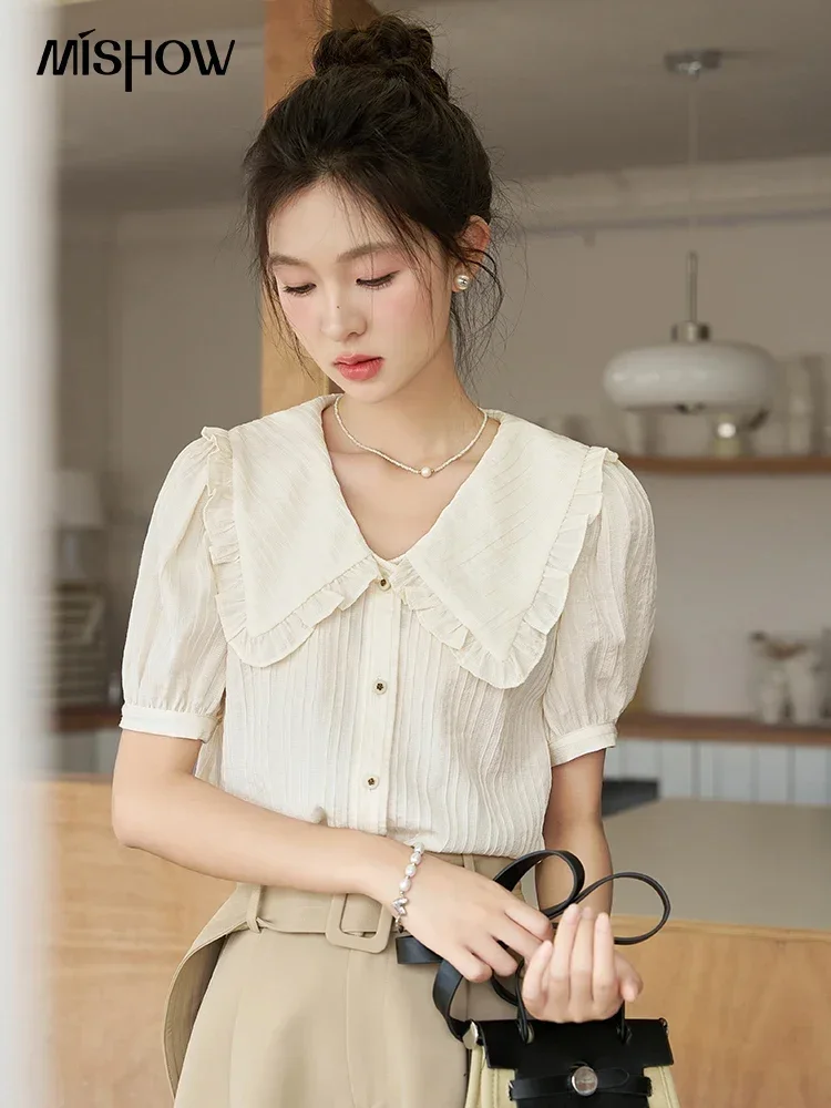 MISHOW Peter Pan Collar Short Sleeve Temperament Shirt 2023 Summer Chic French Puff Sleeve Sweet Single Breasted Top MXC38X0052