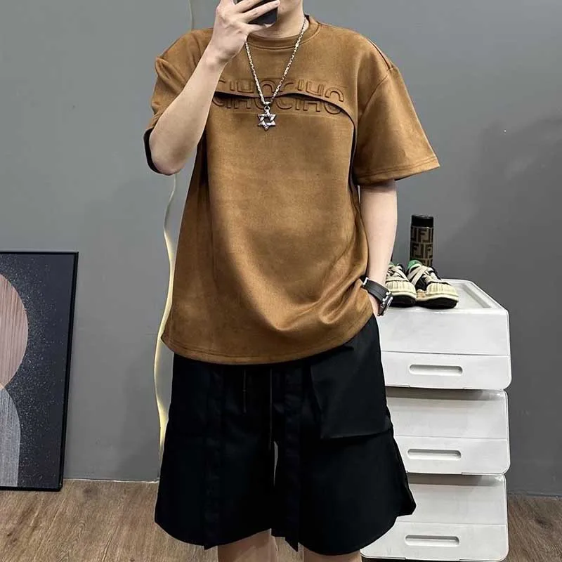 Fashion O-Neck Spliced All-match Solid Color Letter T-Shirts Men\'s Clothing 2024 Summer New Loose Korean Tops Casual Tee Shirt