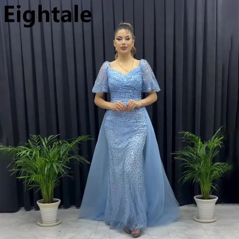 

Customized Sky Blue Shinning Sequins Prom Dress Half Sleeve Mermaid Evening Dress Women Formal Party Gown Robes De Soirée