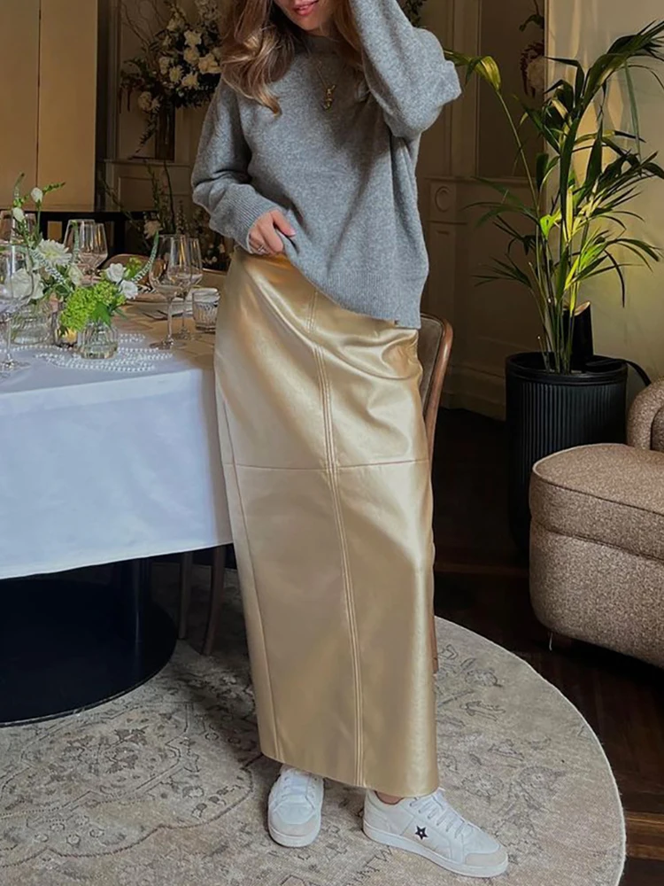 2024 Sliver PU Leather Maxi Skirt High Waist Pencil Skirts Vintage Women Streetwear Split Sheath Pencil Skirts Female Classic