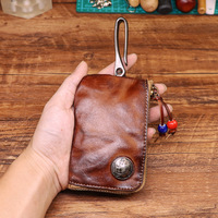 Top Layer Vegetable Tanned Leather Key Bag Women's Handmade Old Washed Cowhide Retro Style Zipper Car Door Key Bag Men's