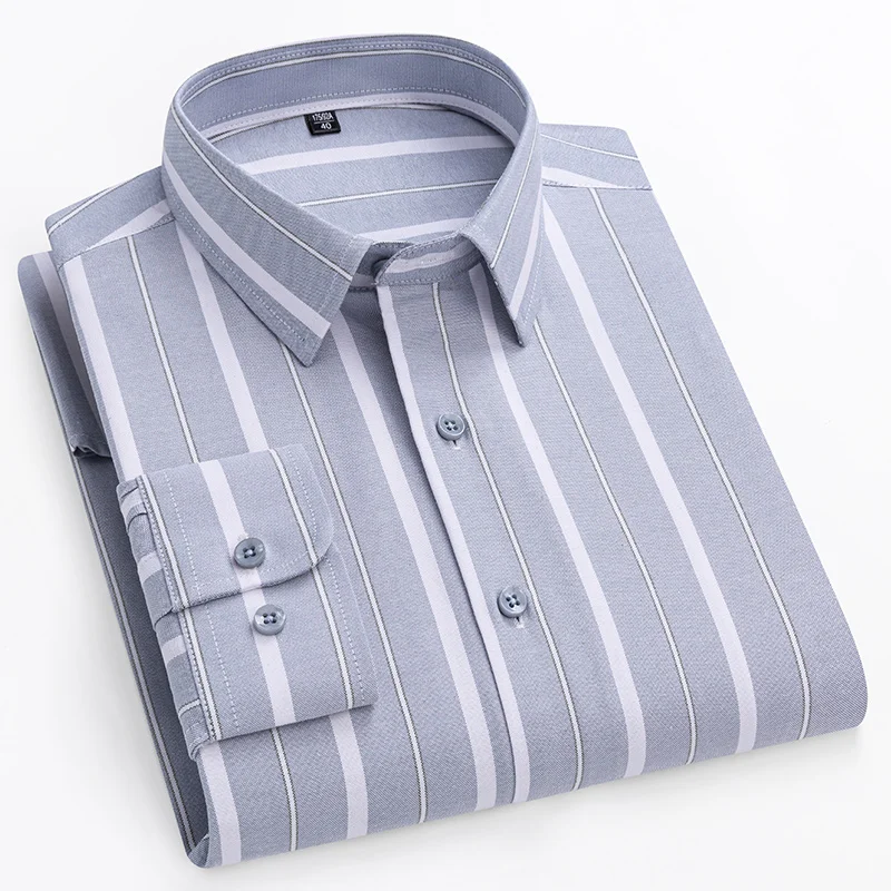 Quality 100% Pure Cotton Oxford Men\'s Striped Shirt Long Sleeve Regular Fit Men Pocket Casual Shirt Leisure Male Blouse S-8XL