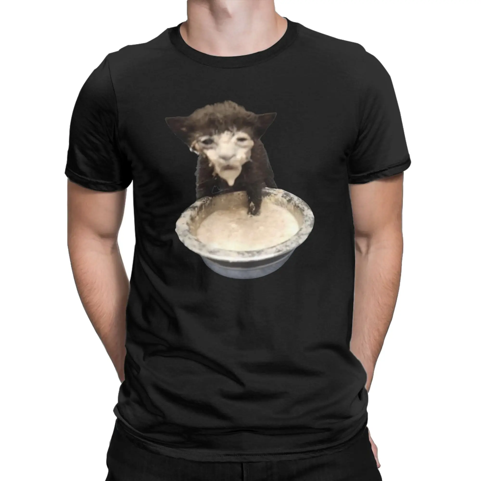 Milk Face Cat Meme Cursed Milk Cat T-Shirt Summer Trendy T-Shirts Man Cotton O Neck Oversize Tees Short Sleeve Vintage Tshirt