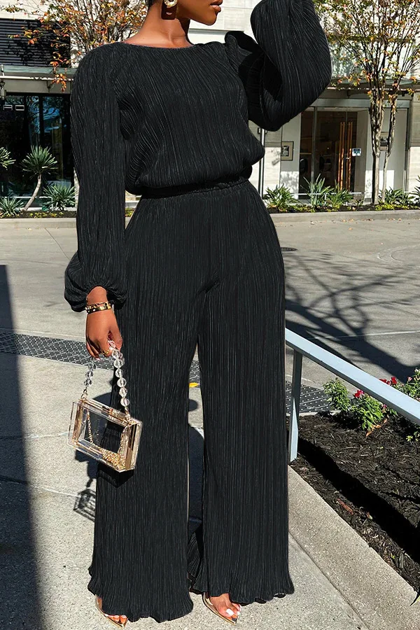 

Two Piece Pleated Outfits for Women Casual Crewneck Long Sleeve Loose Fit Top and Wide Leg Palazzo Pant Suit Tracksuit