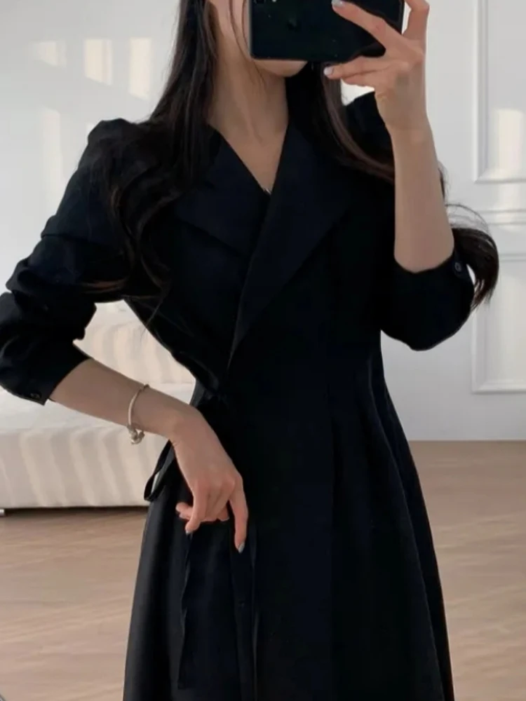 Setelan Ringan Dr Wanita Musim Gugur Musim Dingin Gaun Panjang Model A-Line Pinggang Tinggi Sepanjang Lutut Gaya Korea Sle