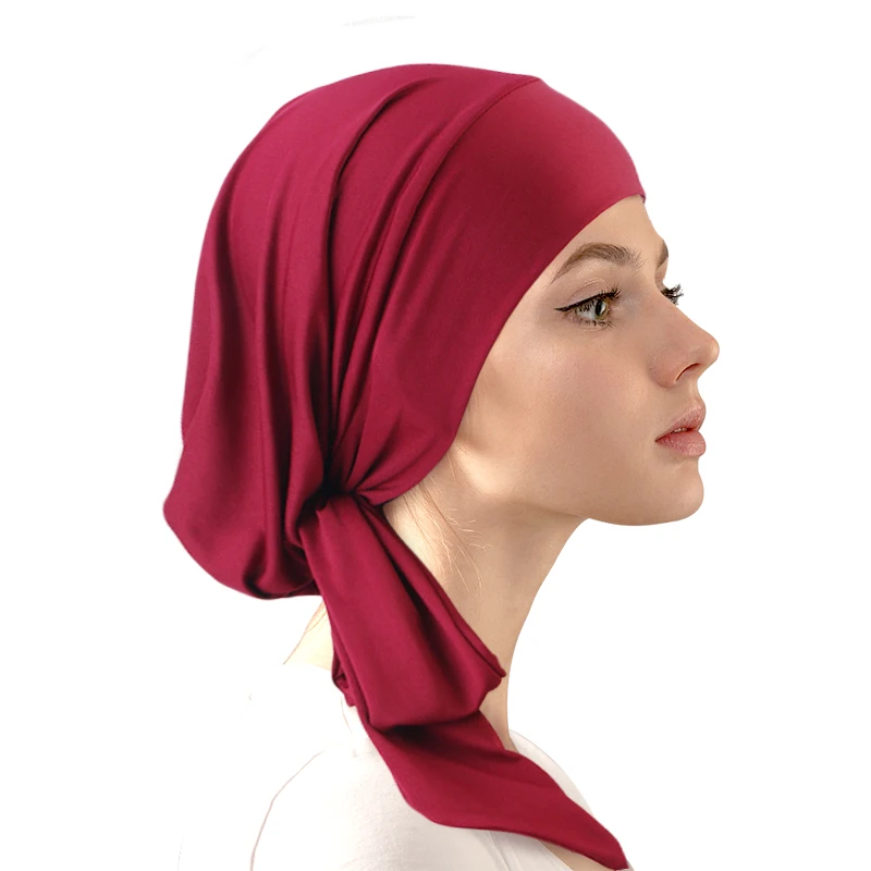 Pre-tie Solid Color Turban Ethnic Elastic Ribbon Head Scarf Islamic Bottoming Hat Fashion Beanie Hat Durags For Women Wrap Head