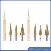 6 Pcs HSS Titanium Step Drill Bit Set & 2 Pcs Automatic Center Punch New