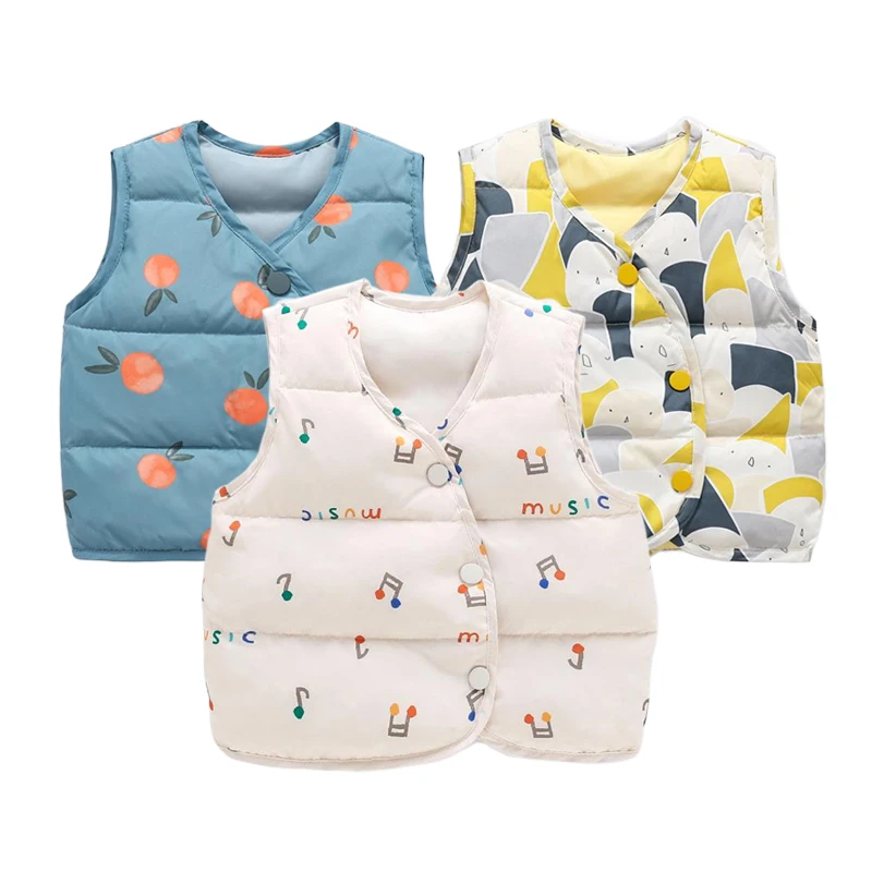 

Baby Down Vests for Girls Boys Cartoon Print Autumn Winter Clothes Kids Cardigan Coats Warm Infant Waistcoat Toddler Costume