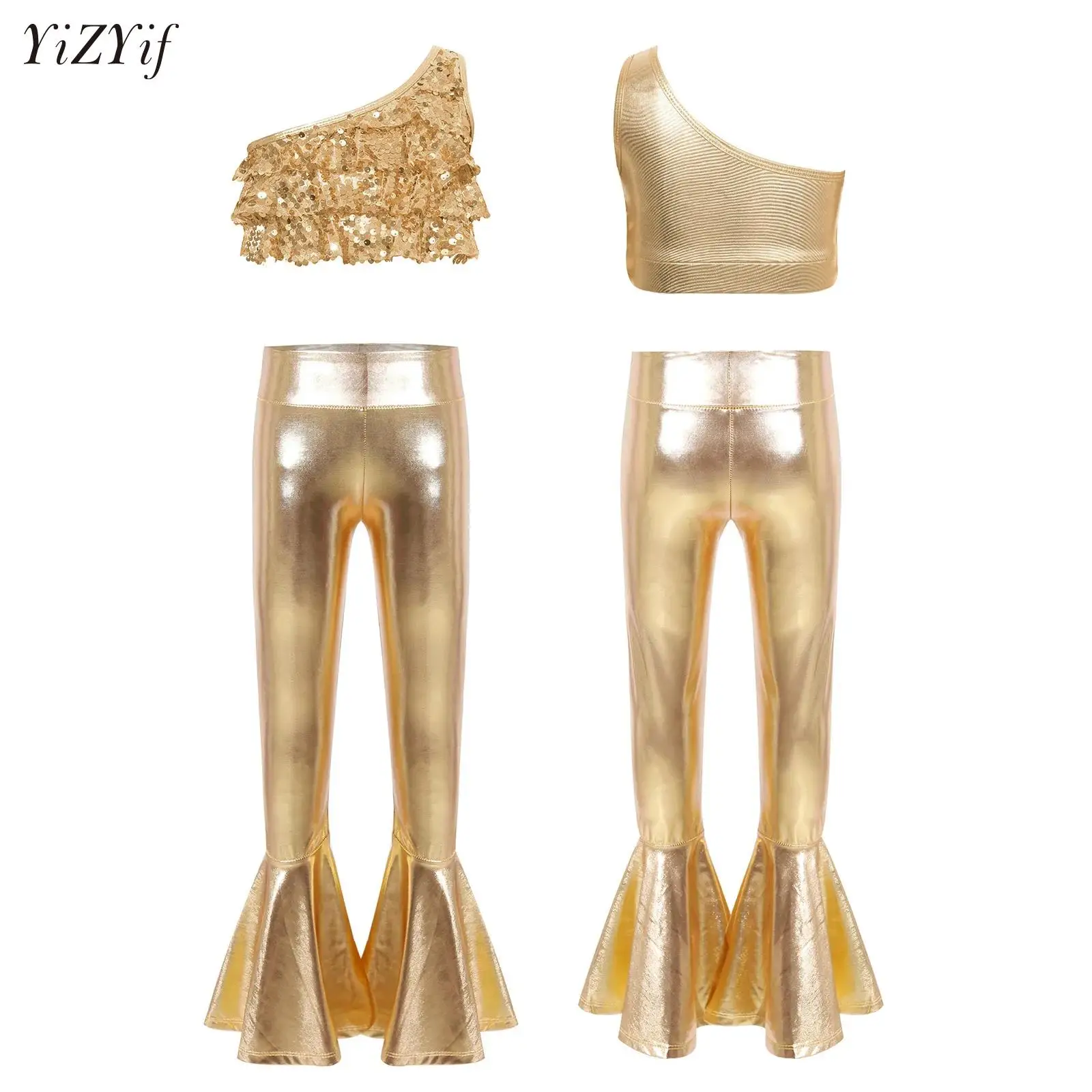

Girls Movie Character Princess Cosplay Costume Jazz Disco Dance Outfit Shiny Sequins Crop Top Metallic Bell-bottom Pants Suit
