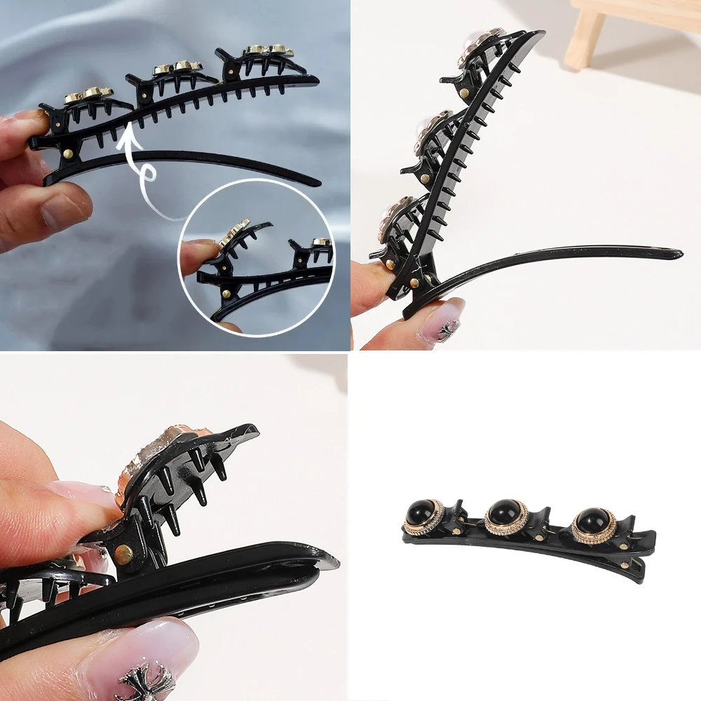 Double Layer Braided Hairclip Vintage Rhinestone Faux Pearl BlackHairpin Barrette Elegant Hair Accessories