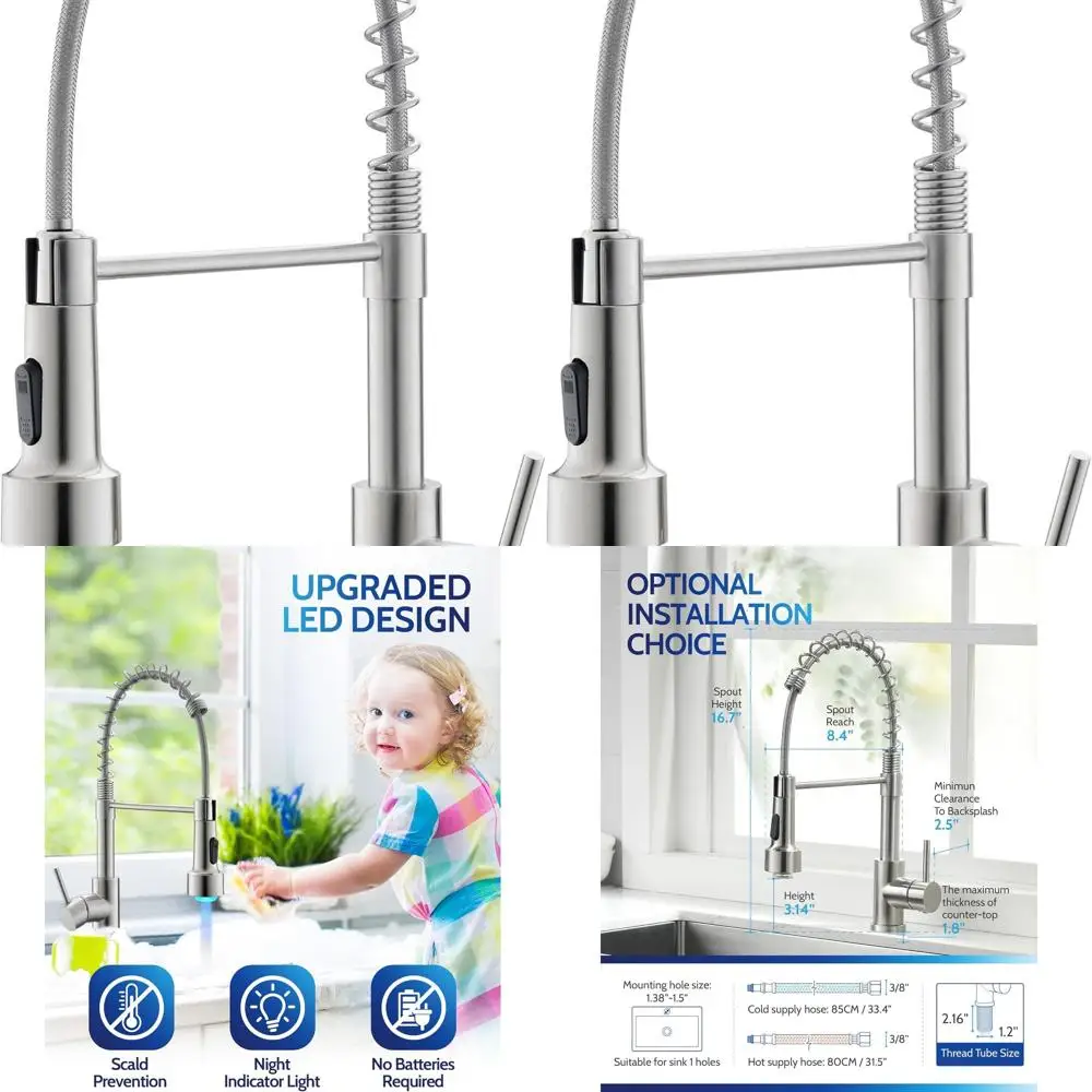 

LED Lighted High Arc Single Hole Stainless Steel Kitchen Faucet with Sprayer, Brushed Nickel Finish for Bar and RV Sinks