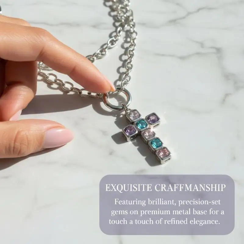 Trendy Inlay Colorful Glass Rhinestone Cross Pendant Necklace Women Goth Silver Color Metal Chain Halloween Jewelry