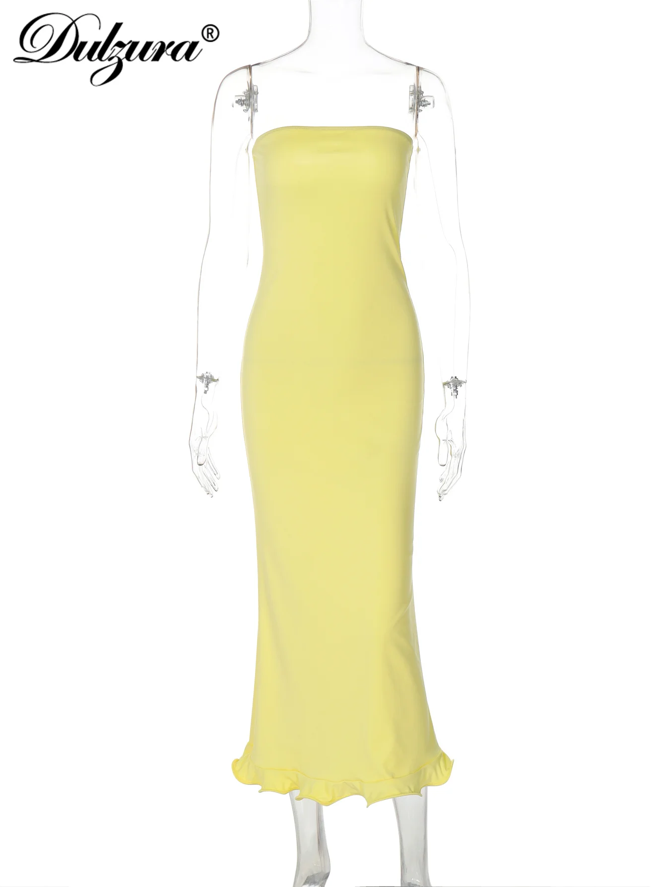 Dulzura Sleeveless Ruffles Patchwork Strapless Bodycon Midi Dress Women'S Solid Sexy Outfit Party Clubwear For Autumn Winter image 6