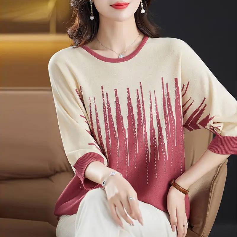 Autumn Hot Stamping Women\'s 2024 New Splicing O-Neck Fashion Loose Sweater Minimalist Casual Seven Quarter Sleeve Knitted Tops