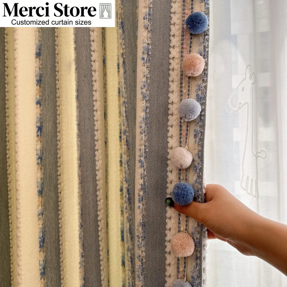 Dopamine Striped Children's Room Sugar Bean Chenille Jacquard Curtains for Living Dining Room Bedroom with Colorful Pom‑Pom Trim