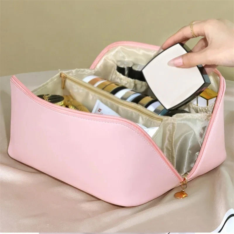 Bolsa de cosméticos de viaje de cuero de gran capacidad, estuche de maquillaje portátil para mujer, organizador de artículos de tocador multifuncional impermeable, bolsa de almacenamiento