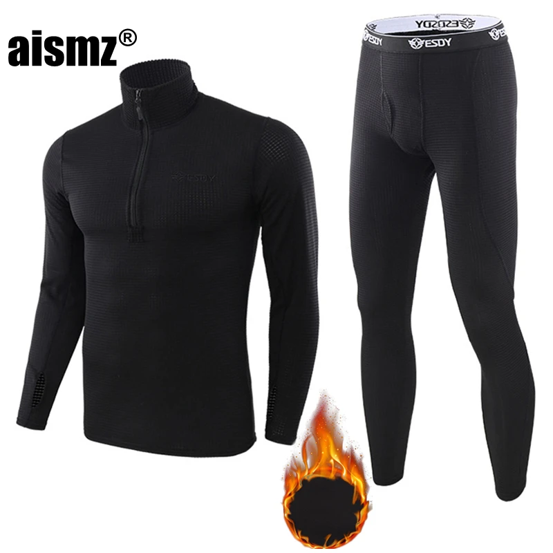 Aismz Thermal Underwear Sets Men Quick Drying Anti-microbial Stretch Thermo Compression Fleece Sweat Fitness Warm Long Johns