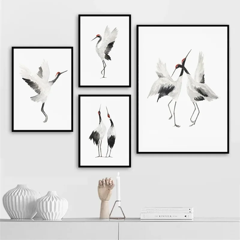 White Crane Bird Posters and Prints Canvas Painting Chinese Tradition Ink Wall Art Pictures for Living Room Home Decoration