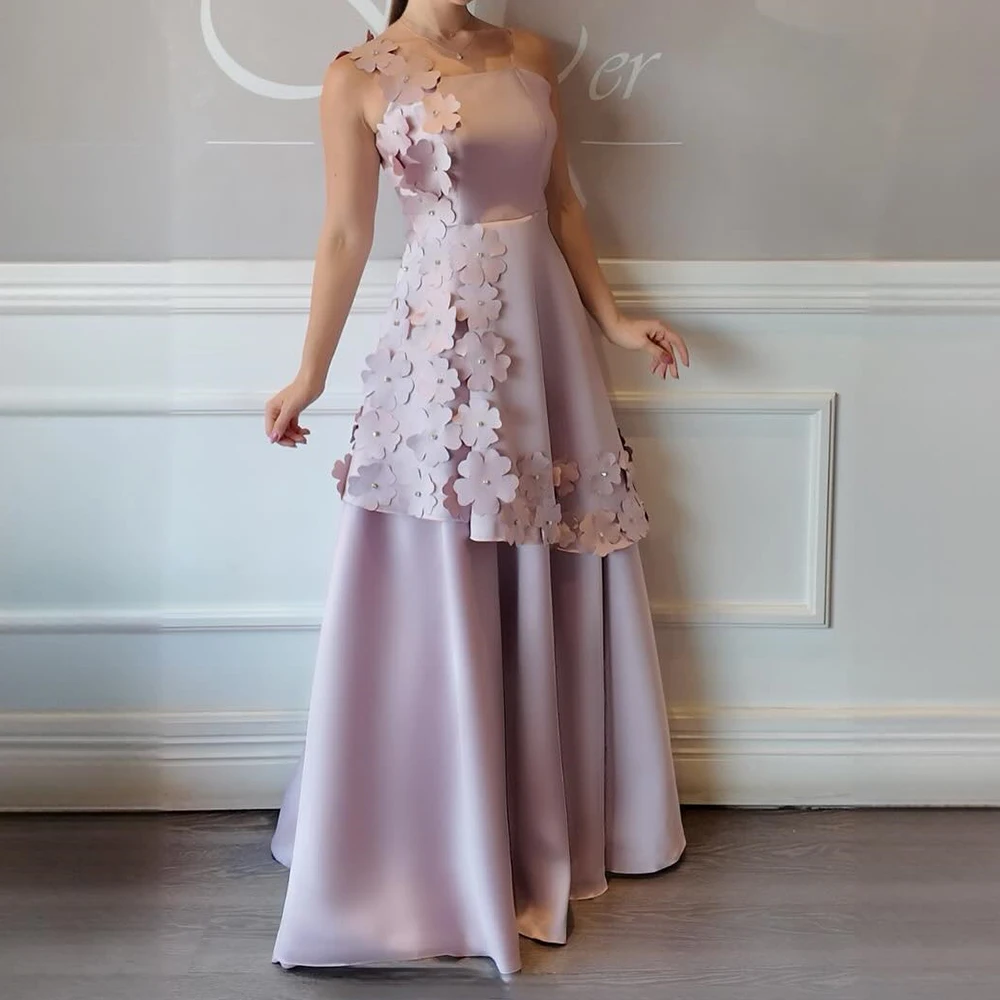 

Customized A-line Evening Dresses Floor-length One-shoulder Sleeveless Prom Gown Fashion Flowers Draped Backless Party Gown