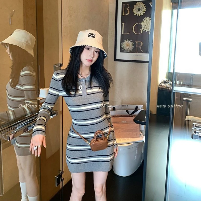 

Korean Buttons Polo Collar Knitted Mini Dress Sweater Blouse Slim Fit Bodycon Sweet Hot Lady Preppy-style Autumn Winter Knitwear