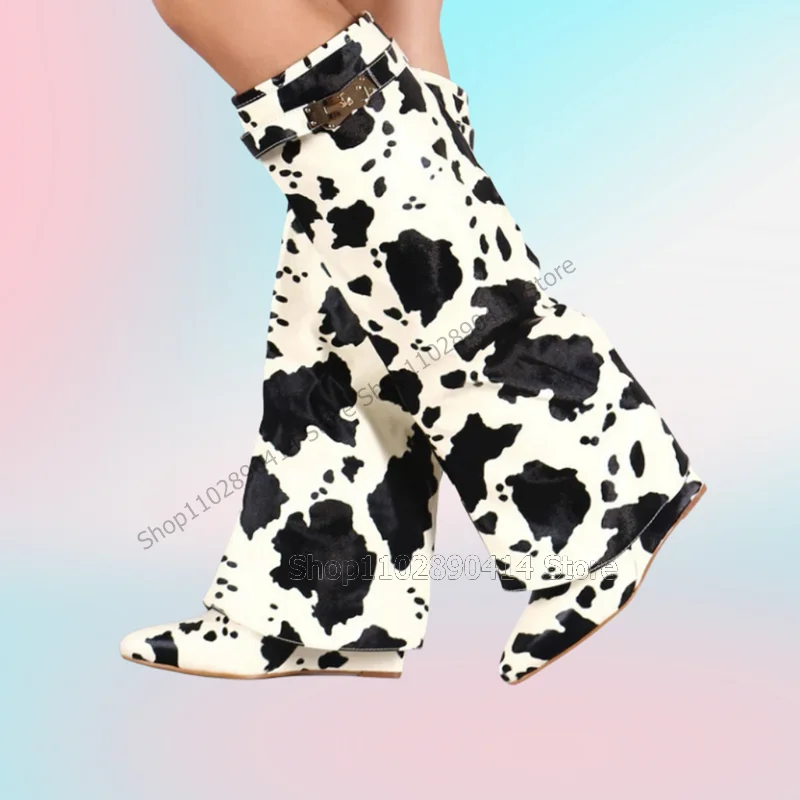 Dairy Cow Print Metal Decor Wedges Heel Boots Turned Over Women Shoes Pointed Toe Fashion Party Banquet 2023 Zapatos Para Mujere