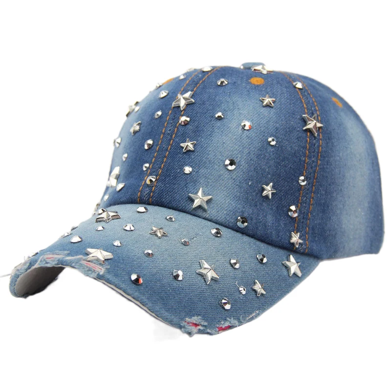 Fashion Women Baseball Cap Bling Stars Rhinestone Denim Cap Adjustable Strap Jean Snapback Hat Distressed Brim