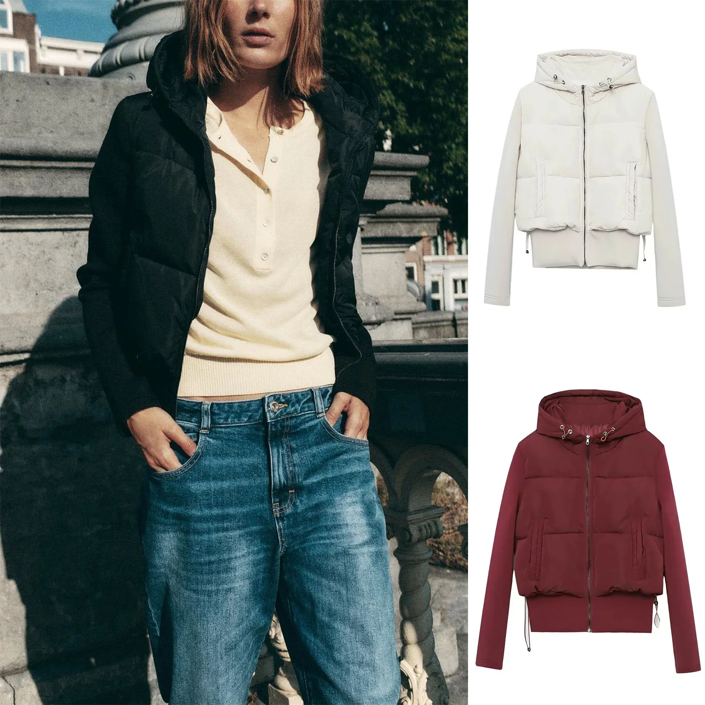 

Bla Zipper Casual Hooded Jaet Waist-Cinching Autumn Winter New Sle Versatile Cotton Coat Long Sve Commute Faion