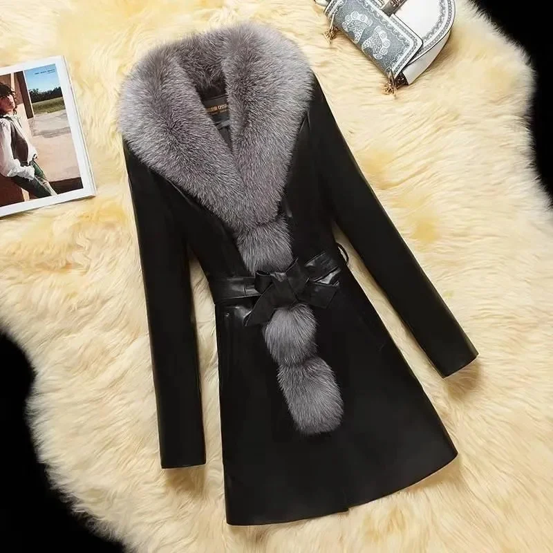 Fashion Women's PU Leather Mid length Imitation Fox Fur Collar Leather Coat With Cotton Fur Coat Women's Slim Fit and Slim Top