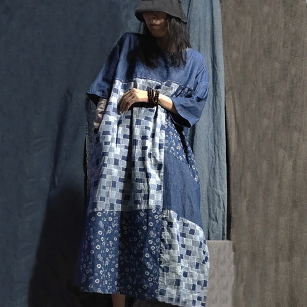 

Women Cotton Flower Cloth patchwork Denim Dresses Half-Sleeved Artistic Casual Romantic Unique Hand-Stitched Loose Long Dress