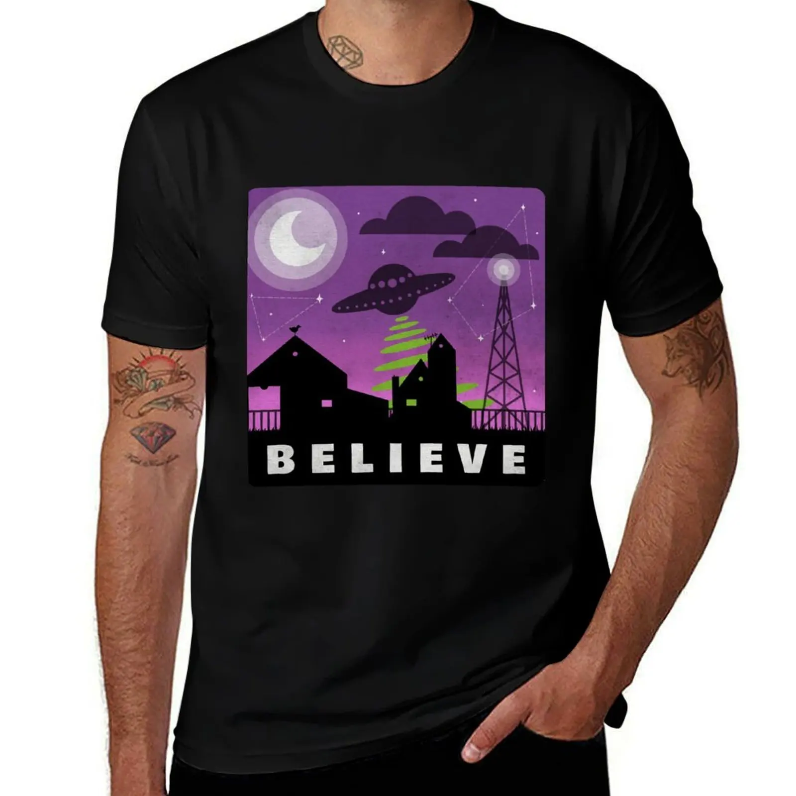 

Футболка с ночным пейзажем Believe in aliens, мужские футболки, высококачественная футболка люксового бренда, футболка с принтом на заказ