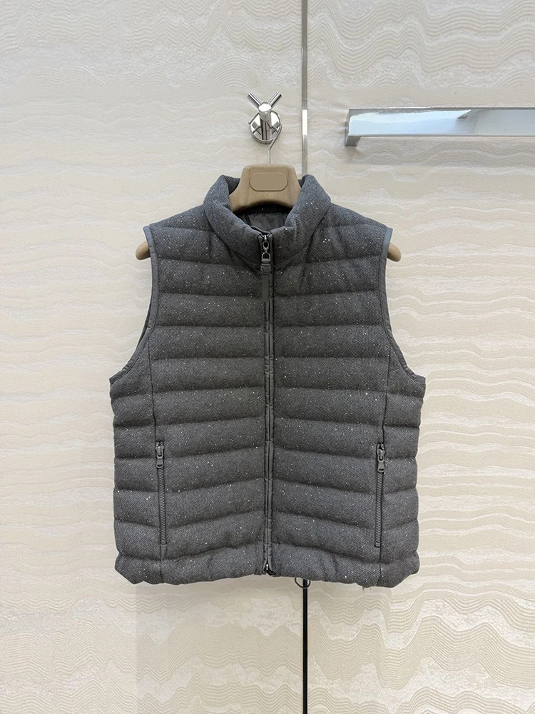 Autumn Fashion Dark Grey Simplicity Casual Down Waistcoat Women's Stand Collar Zipper Sleeveless Sequins Versatile Warm Jacket