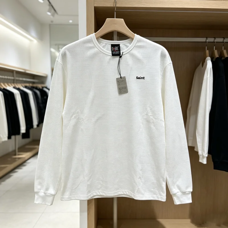 Small Silmple Embroidery Label SAINT Waffle Long Sleeve T Shirt Men Women Quick Dry Loose Breathe Black White T-shirt Clothes