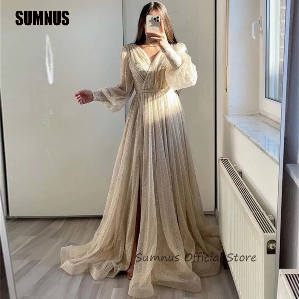 SUMNUS Sparkly Evening Dresses V-Neck Long Puff Sleeves Prom Dress For Women A-Line Draped Classic Party Gowns Robes De Soirée