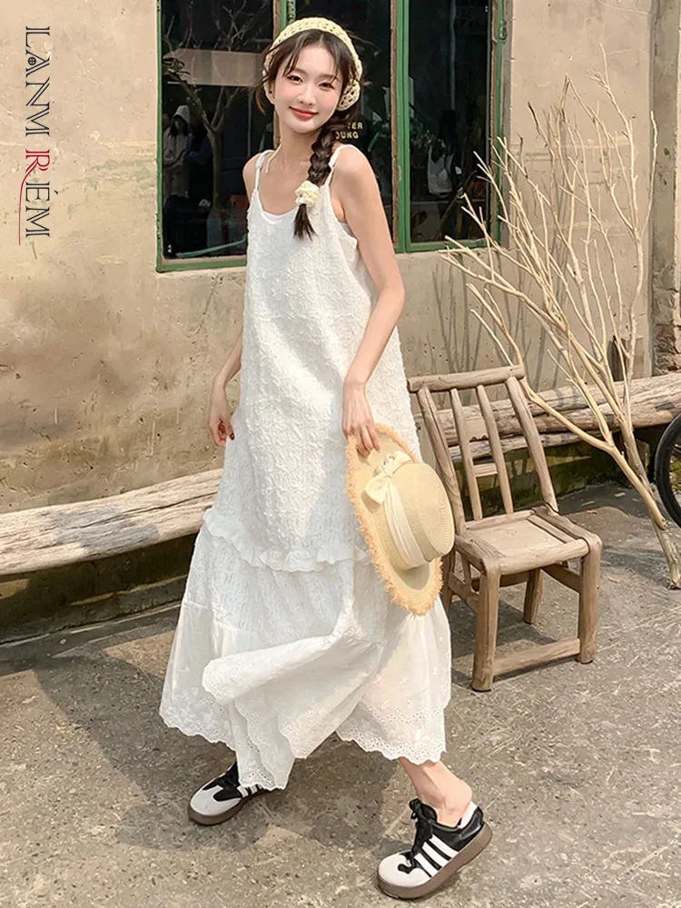 

LANMREM Women Long Slip Dress O-neck Spaghetti Strap Solid Color Flounce Design Loose Dresses 2024 Summer New Clothing 2Z1220